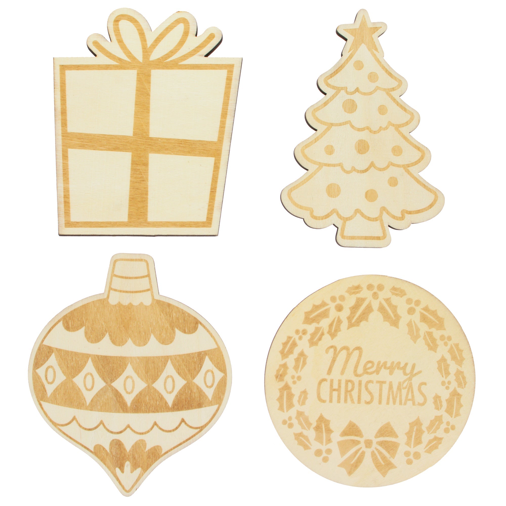 Set Of 4 Unfinished Wooden Etched Traditional Christmas Theme Cutout Diy Craft 4.9 Inches