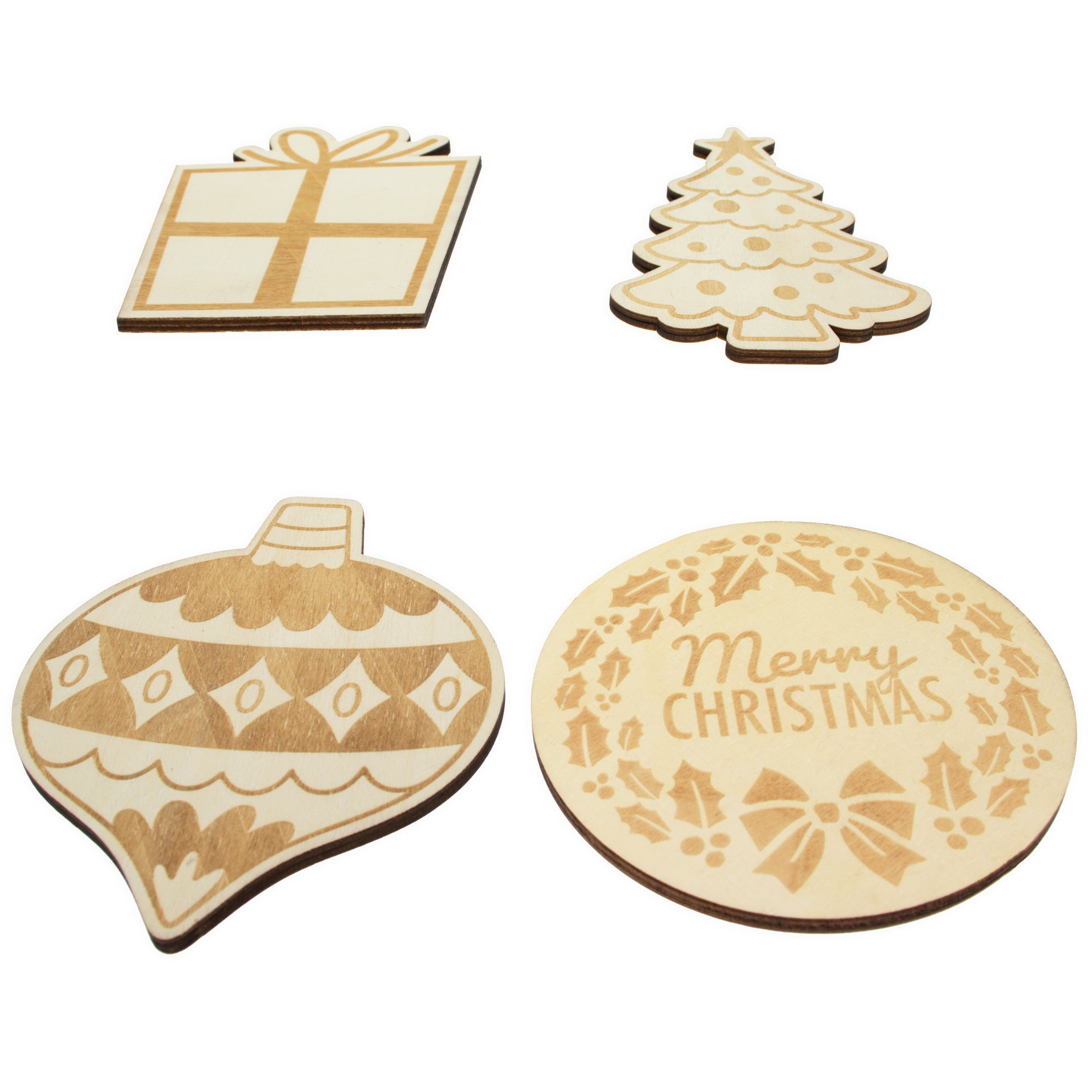 Set Of 4 Unfinished Wooden Etched Traditional Christmas Theme Cutout Diy Craft 4.9 Inches