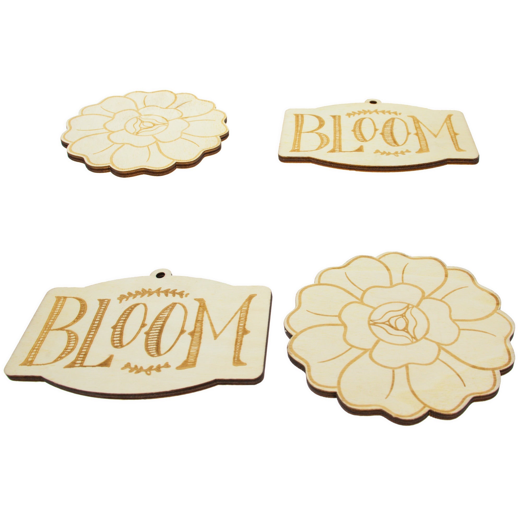 Set Of 4 Unfinished Wooden Etched Flower Bloom Cutout Diy Craft 4.9 Inches