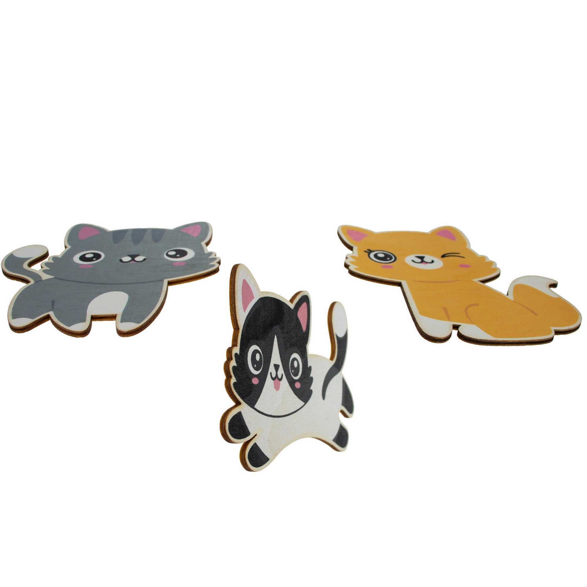 Set Of 3 Painted Wooden Cats Cutout Diy Craft 4.5 Inches