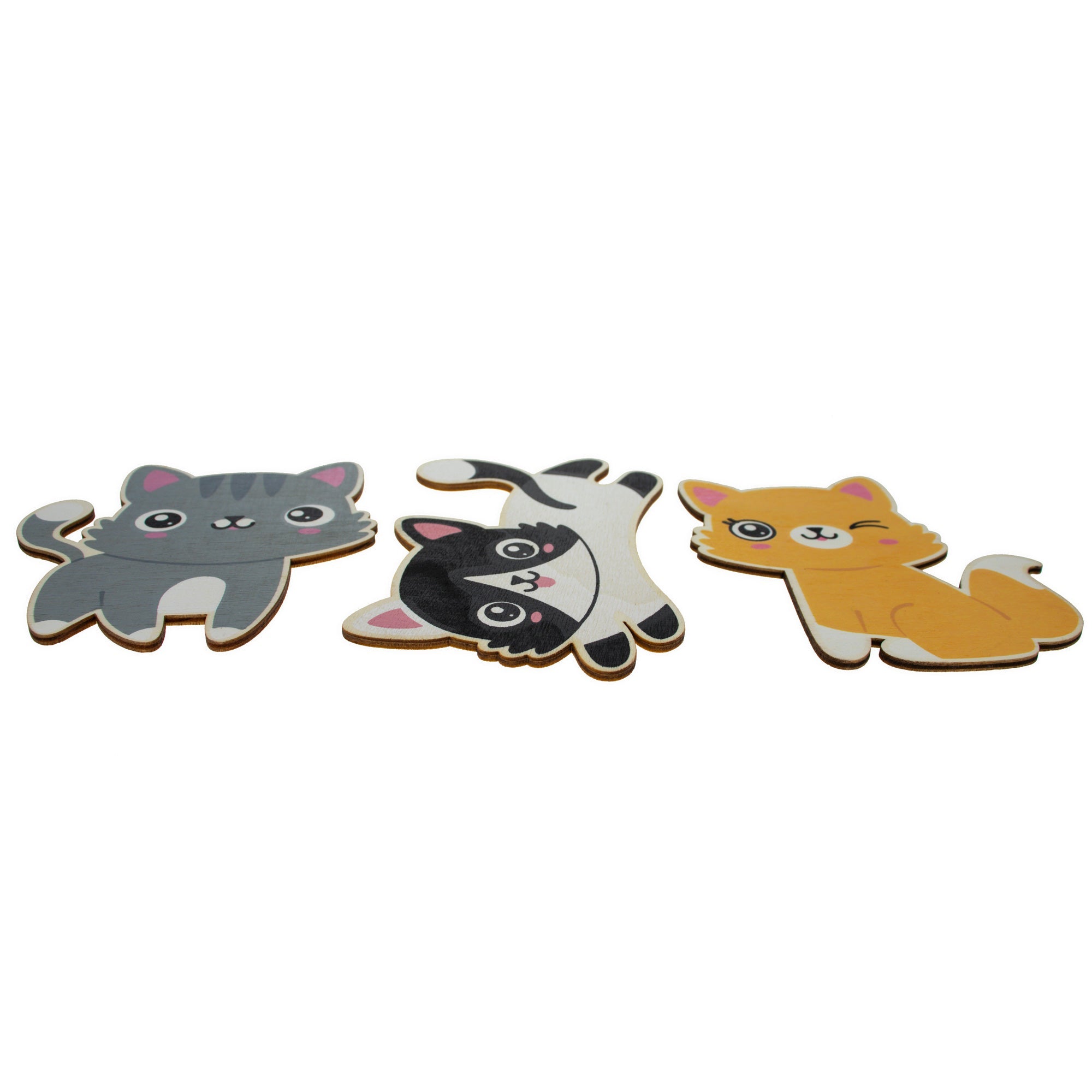 Set Of 3 Painted Wooden Cats Cutout Diy Craft 4.5 Inches