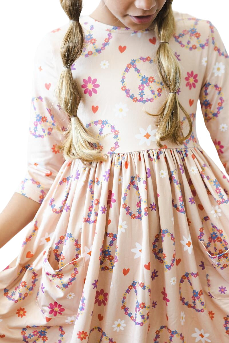 Flower Child 3/4 Sleeve Pocket Twirl Dress