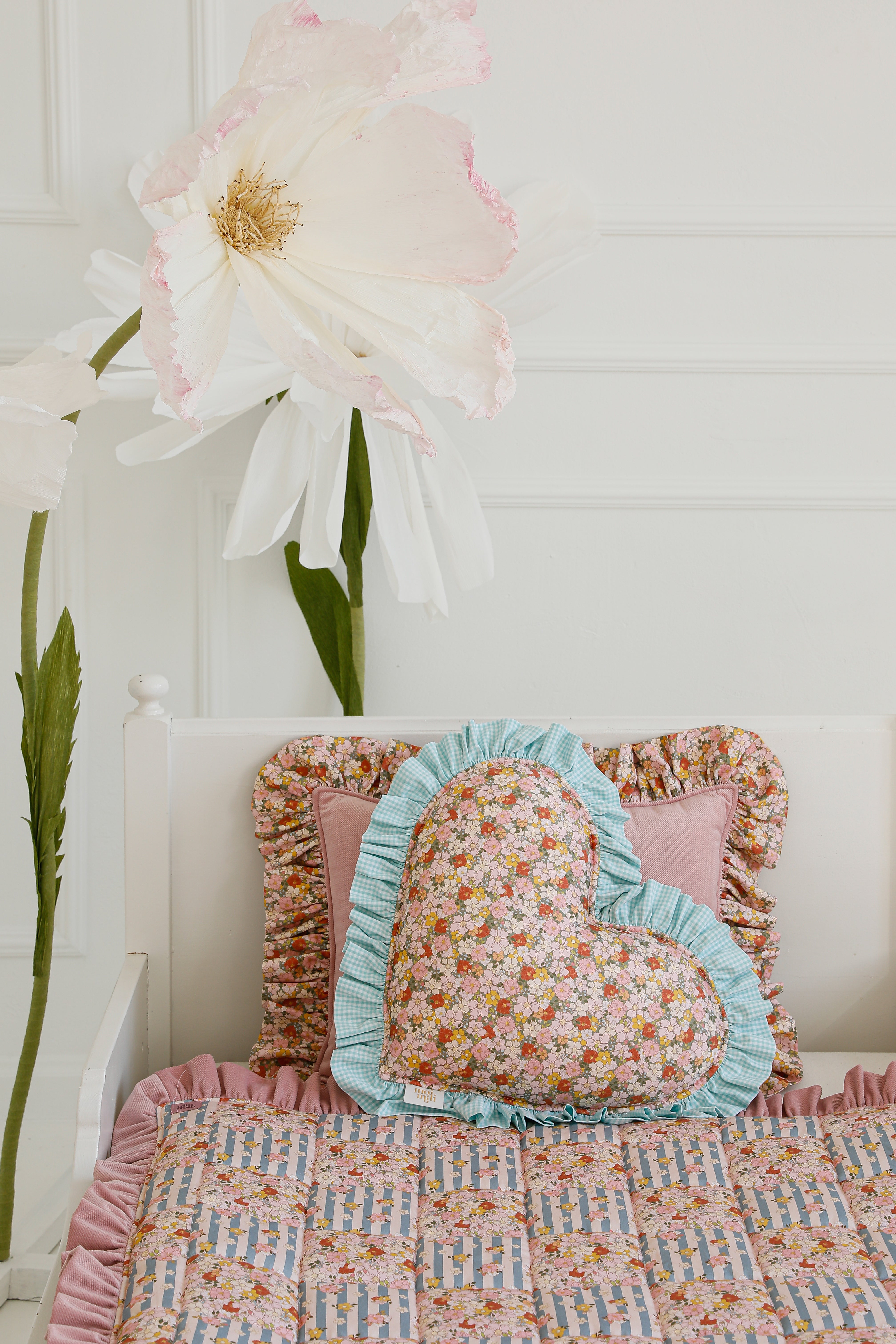 "summer Garden" Heart Pillow With Checkered Frill