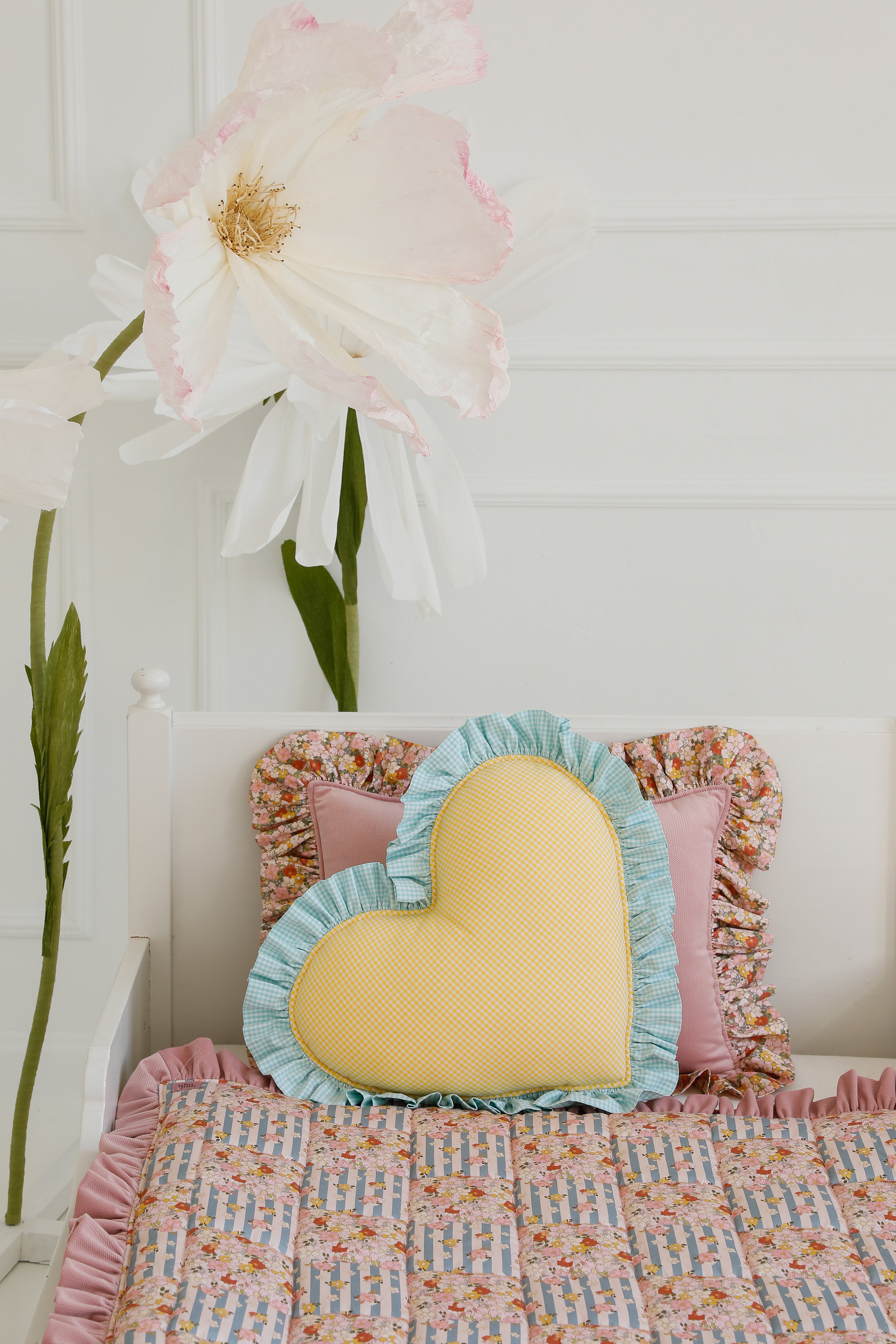 "summer Garden" Heart Pillow With Checkered Frill