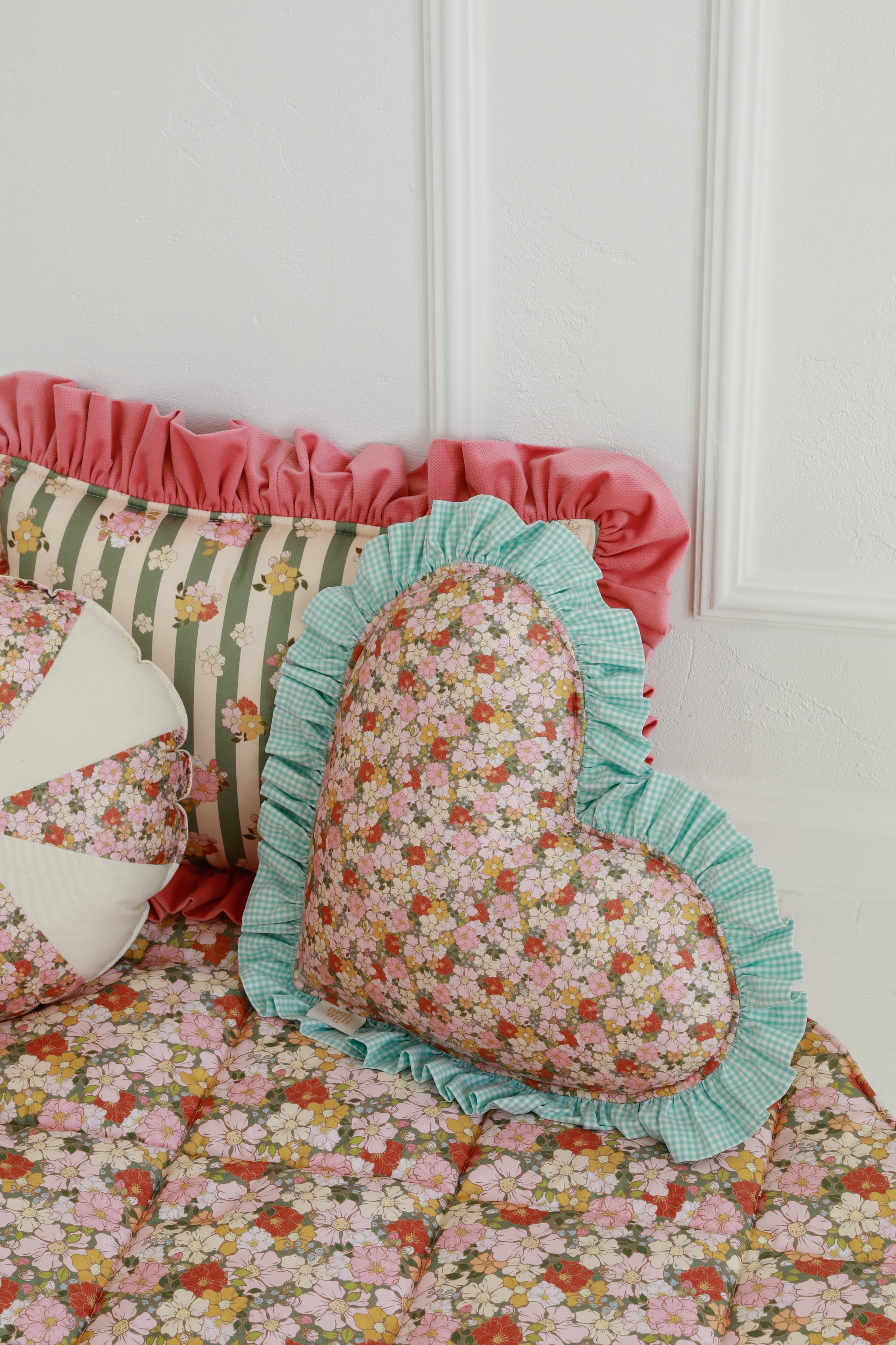 "summer Garden" Heart Pillow With Checkered Frill