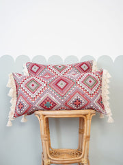 Pink Boho Style - Bolster Pillow With Fringe