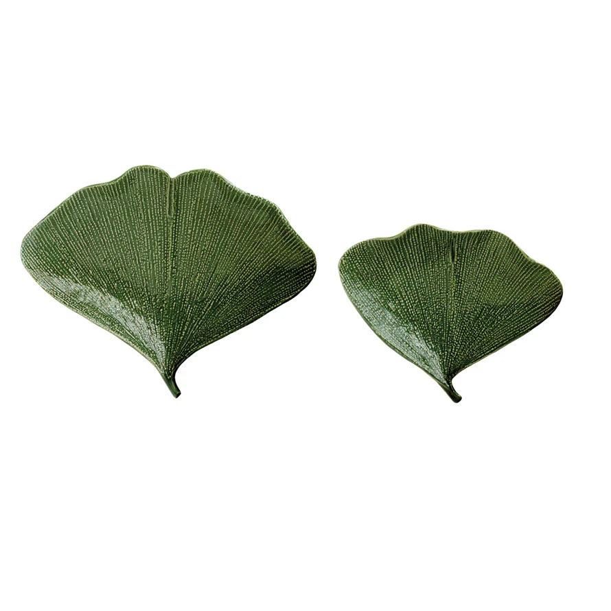 Debossed Stoneware Gingko Leaf Shaped Plates, Set Of 2