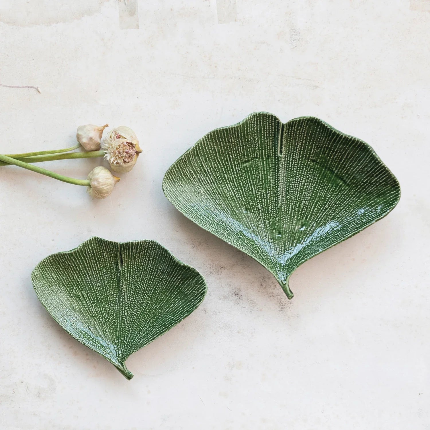 Debossed Stoneware Gingko Leaf Shaped Plates, Set Of 2