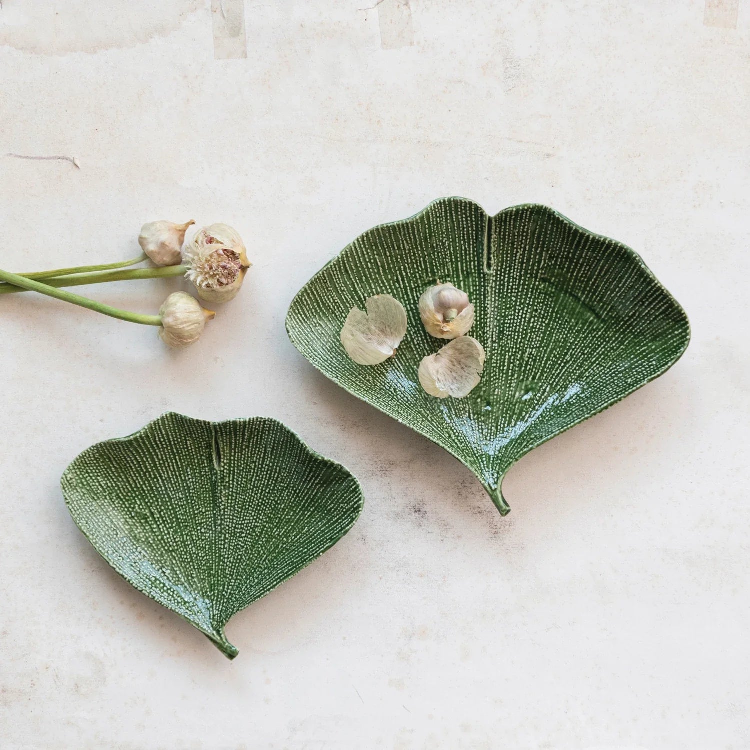 Debossed Stoneware Gingko Leaf Shaped Plates, Set Of 2