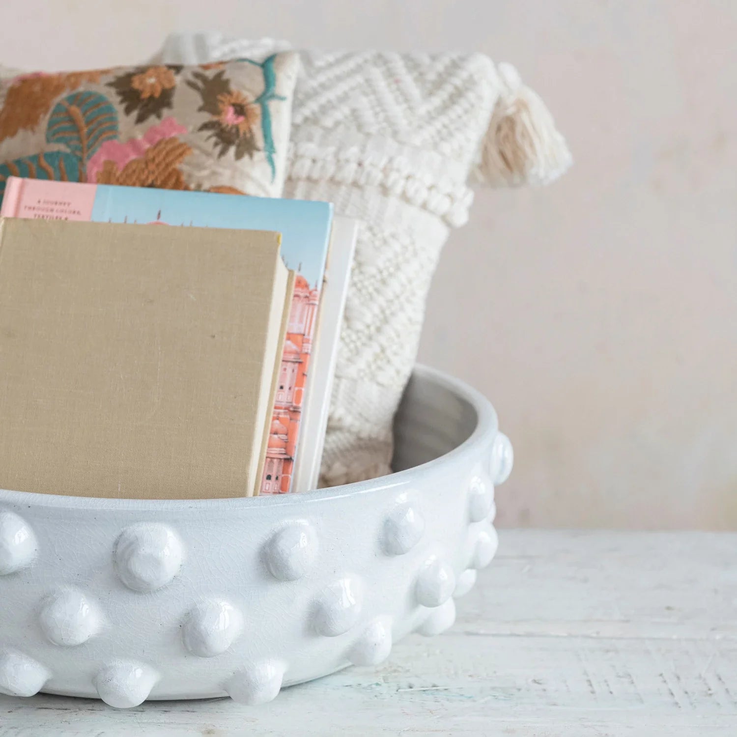 Decorative Terra-cotta Bowl W/ Raised Dots, White 16"