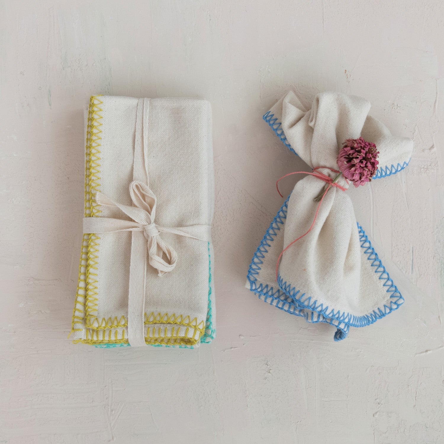 Cotton Napkins W/ Blanket Stitch Colored Edge, Set Of 4 Tied W/ Cotton Tape Dg1274