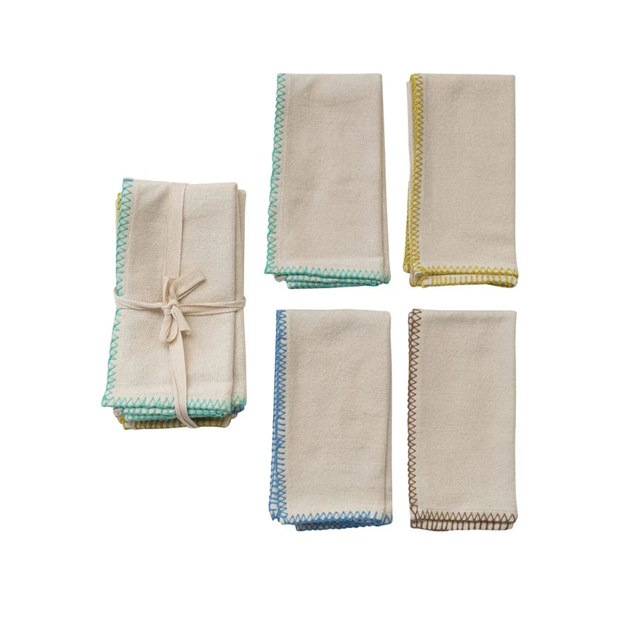 Cotton Napkins W/ Blanket Stitch Colored Edge, Set Of 4 Tied W/ Cotton Tape Dg1274