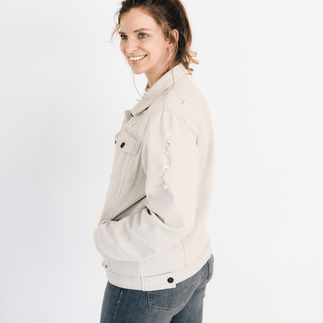 Khaki Distressed Denim Jean Jacket - Adult