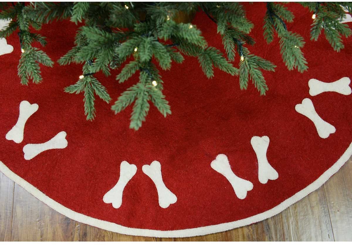 Dog Bones On Red Christmas Tree Skirt In Hand Felted Wool - 60"