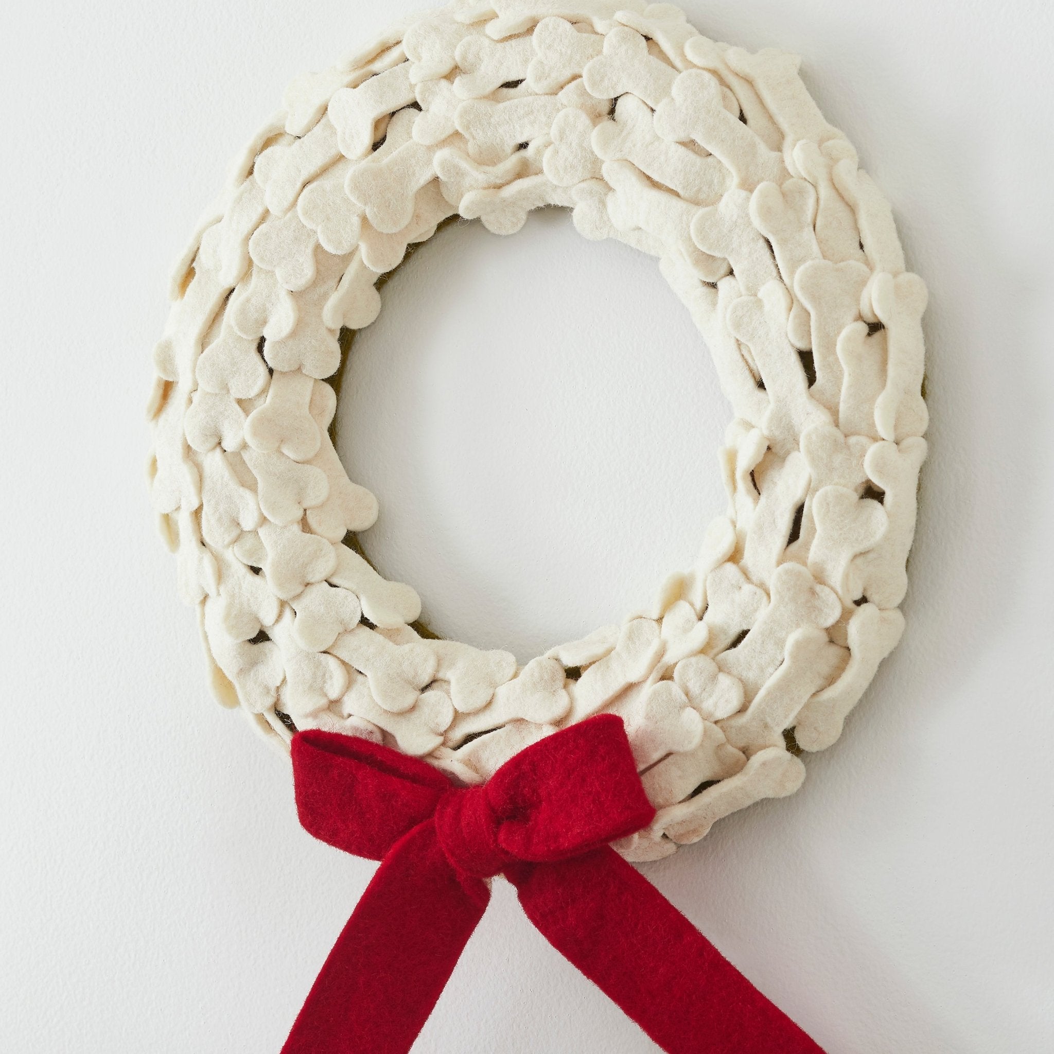 Dog Bones Red Bow Handmade Hand Felted Wool Wreath - 14"
