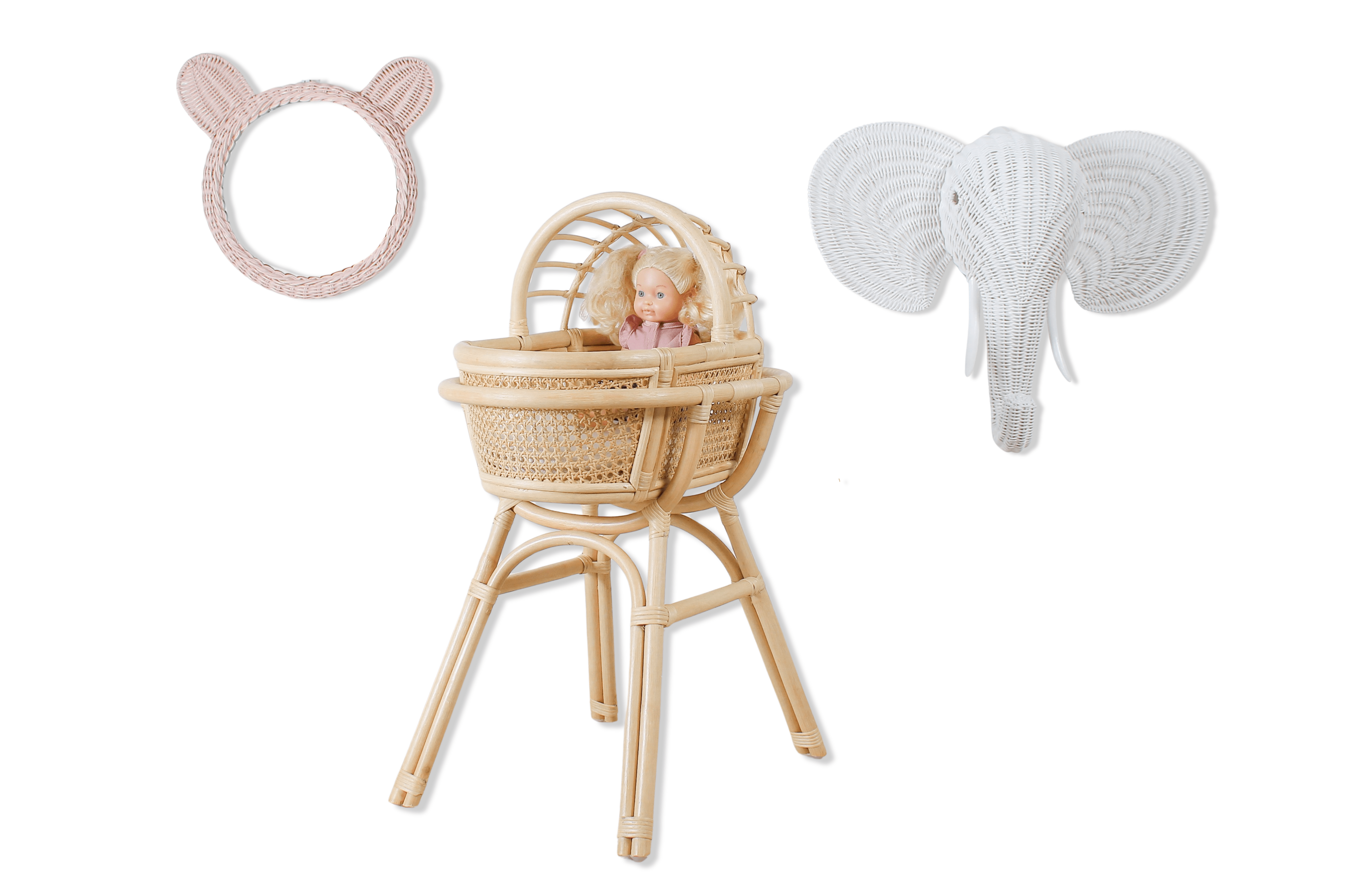 Doll Bassinet With Stand – Handwoven Toy Cradle For Pretend Play