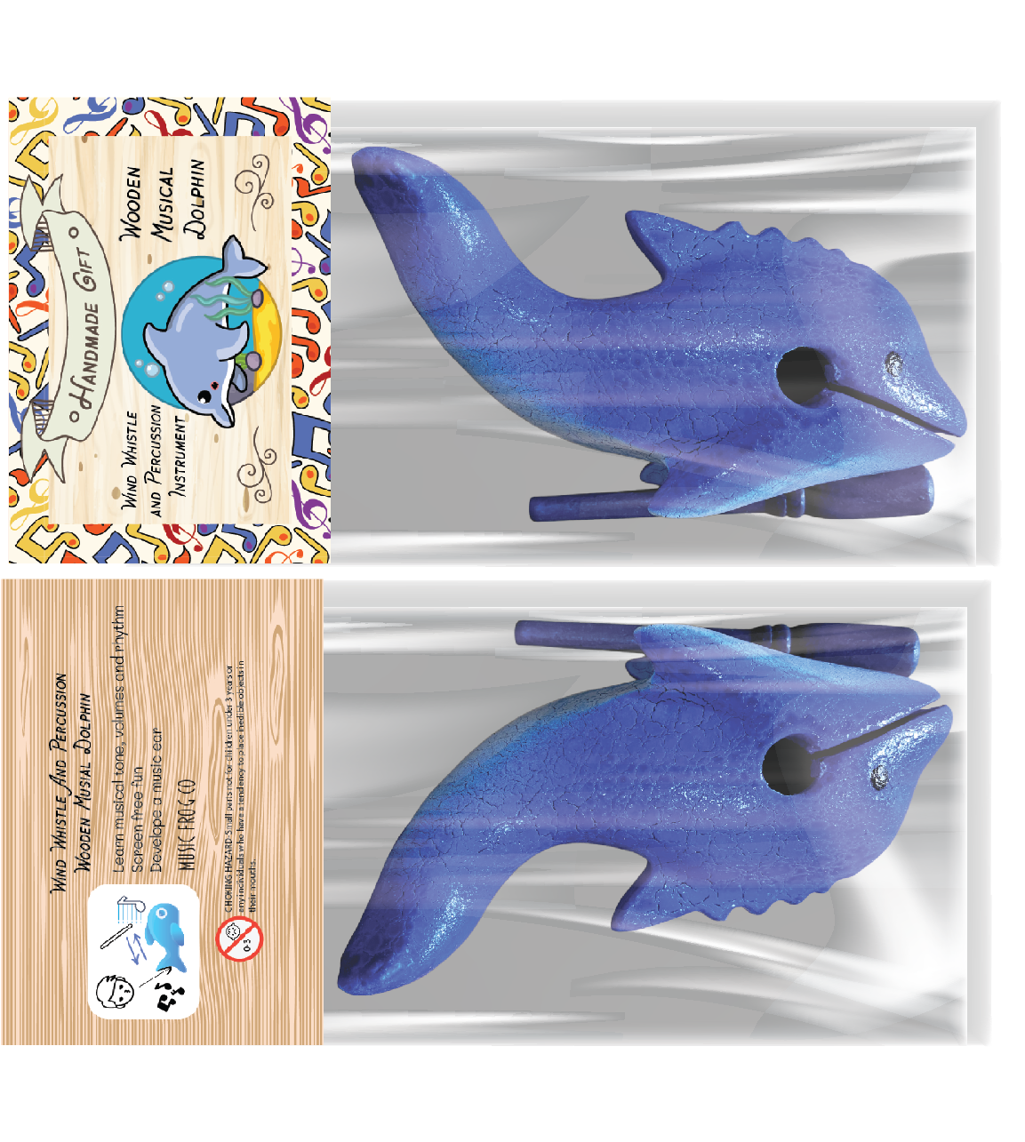 4" Wooden Musical Whistle Dolphin Percussion Instrument
