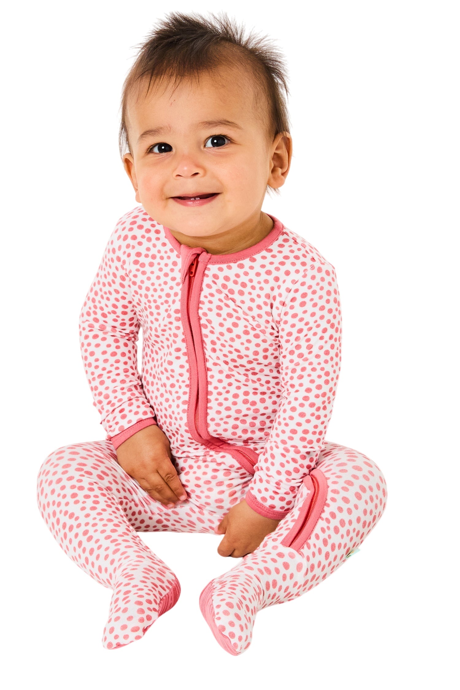 Soft & Stretchy Zipper Footie - Coral Dots