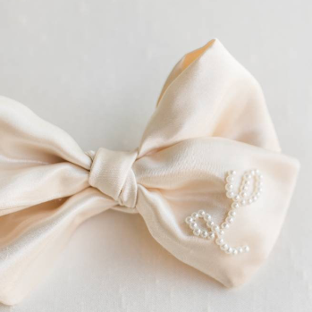 Ivory Satin Oversized Bow With Pearl Initial