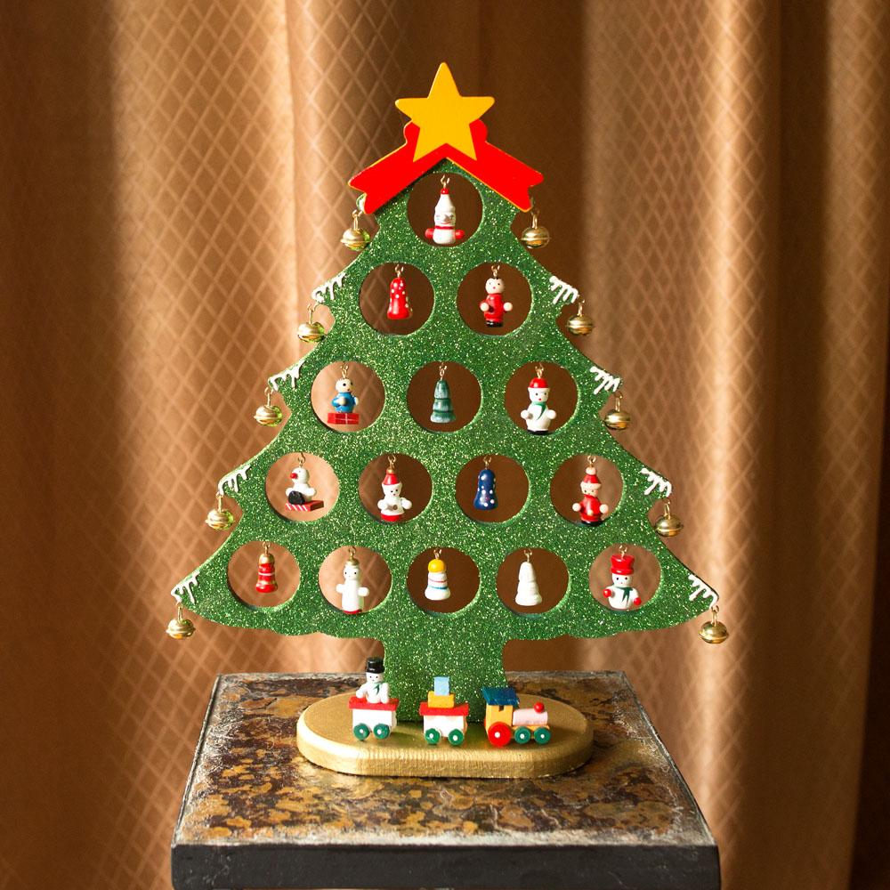 Wooden Tabletop Christmas Tree With 25 Miniature Ornaments 12 Inches