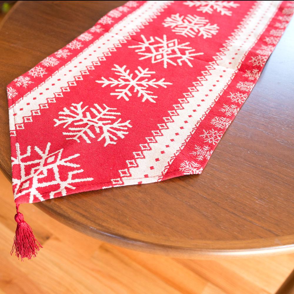 Snowflakes On Red Pattern Christmas Tablecloth Holiday Runner 76.5 Inches