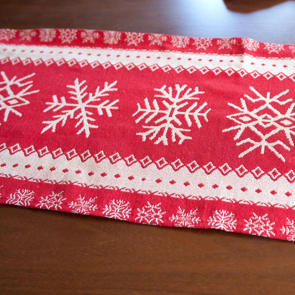 Snowflakes On Red Pattern Christmas Tablecloth Holiday Runner 76.5 Inches