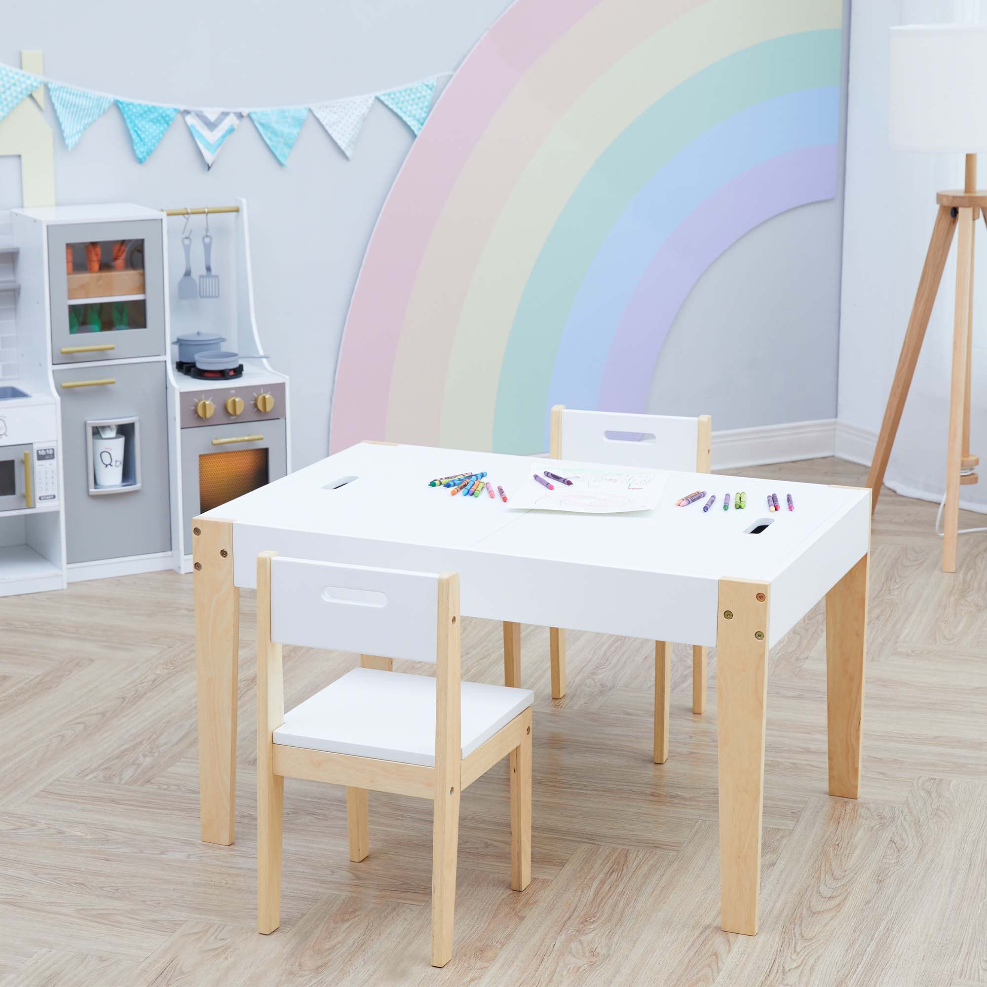Fantasy Fields 3 Piece Play Table And Chairs Set With Storage And 2-way Chalkboard Table Top, White