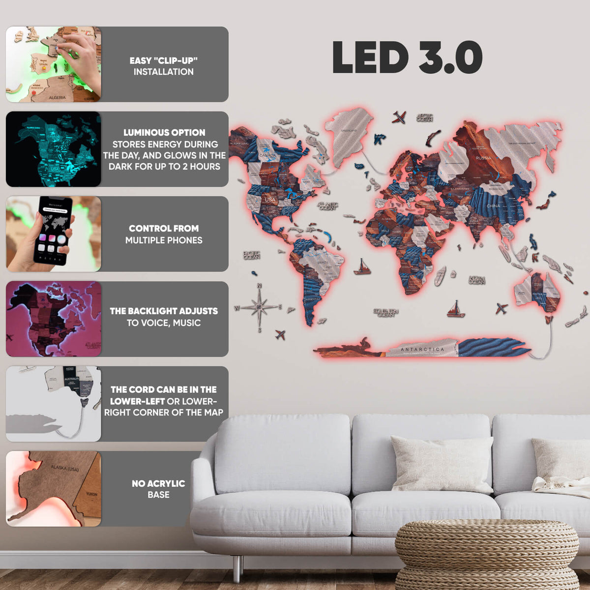 3d Led / Luminous Wooden World Map 3.0 Dune