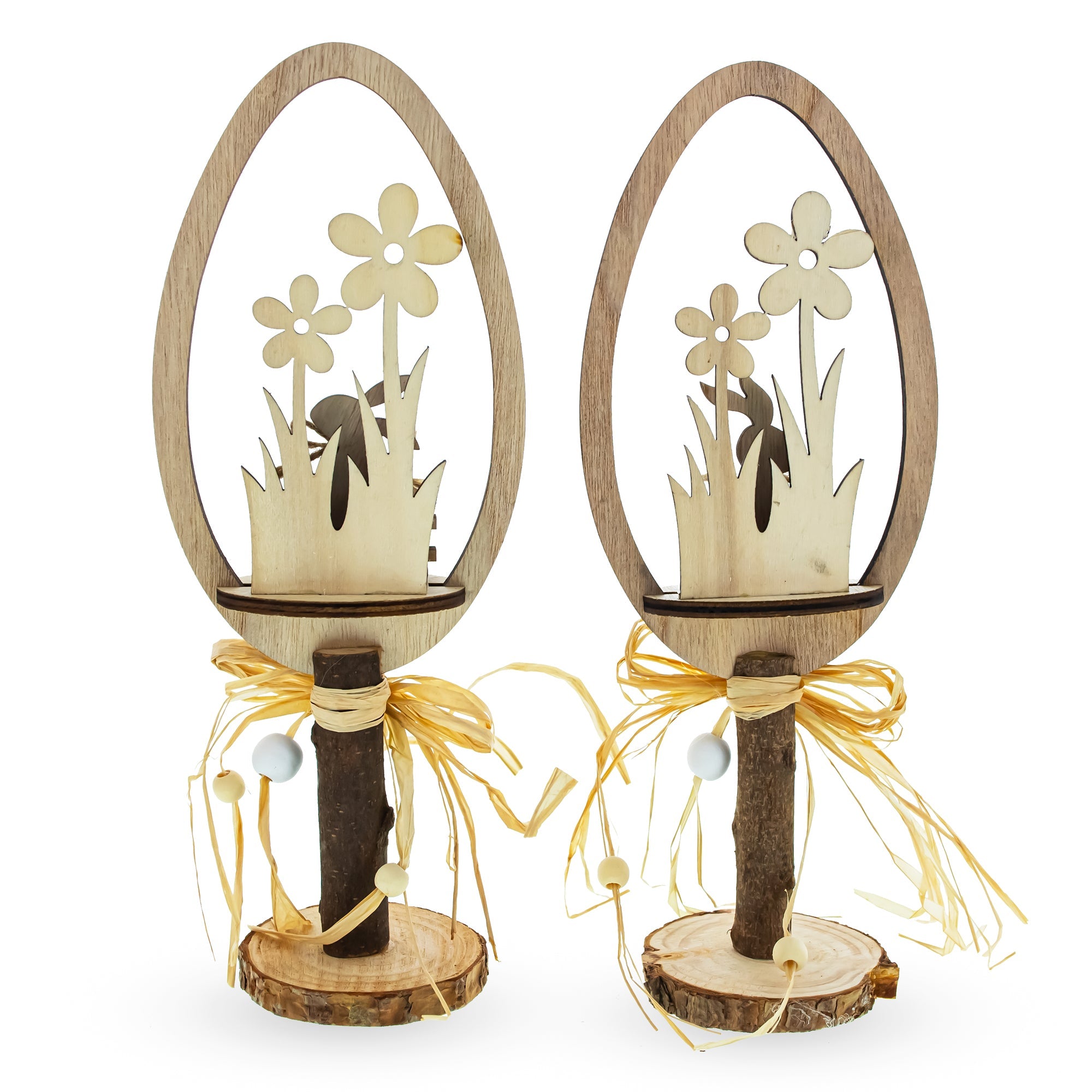 Wooden Whimsy: Set Of 2 Egg-shaped Figurines With Bunnies And Flowers