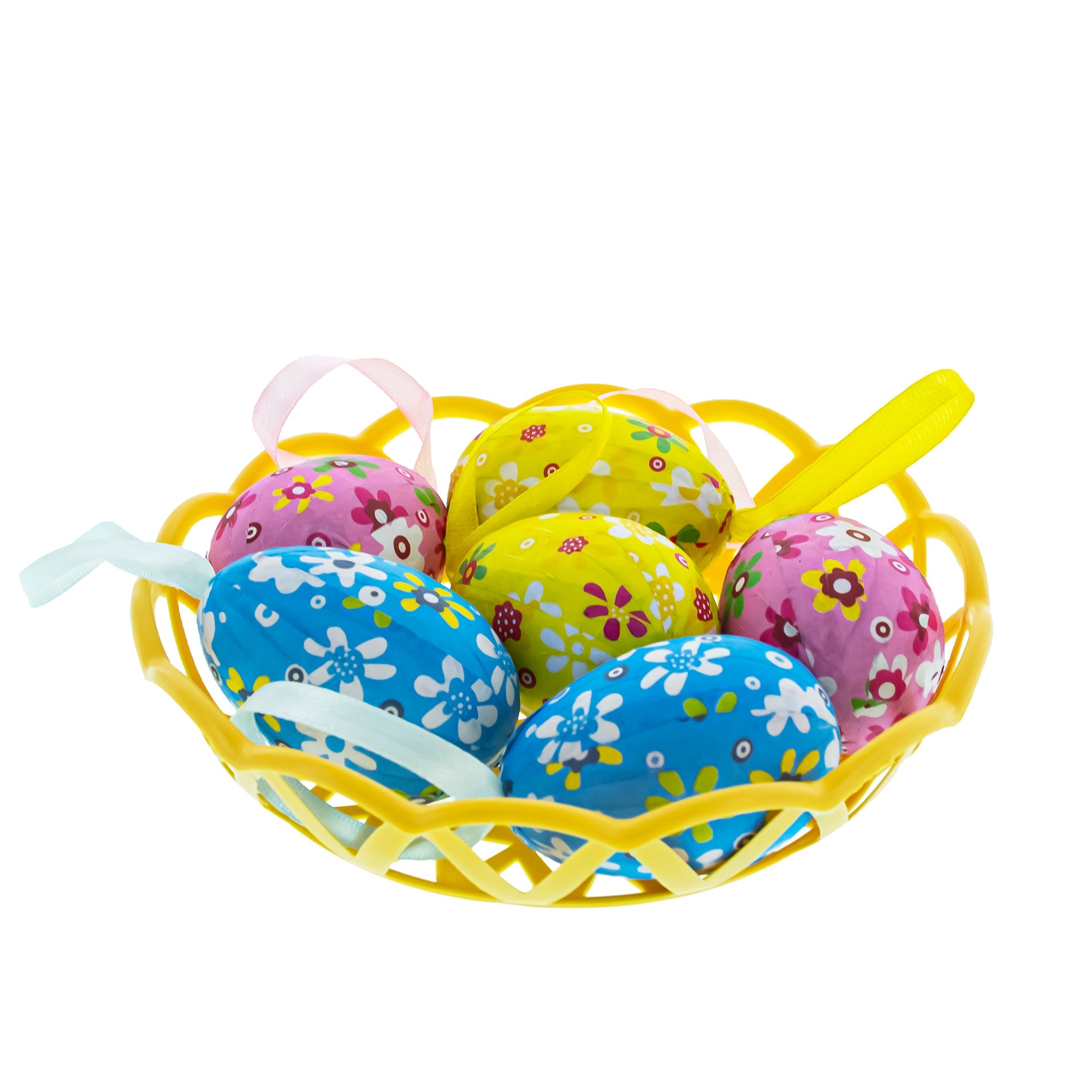 Artistic Charm: Set Of 6 Paper Mache Egg Ornaments In Basket