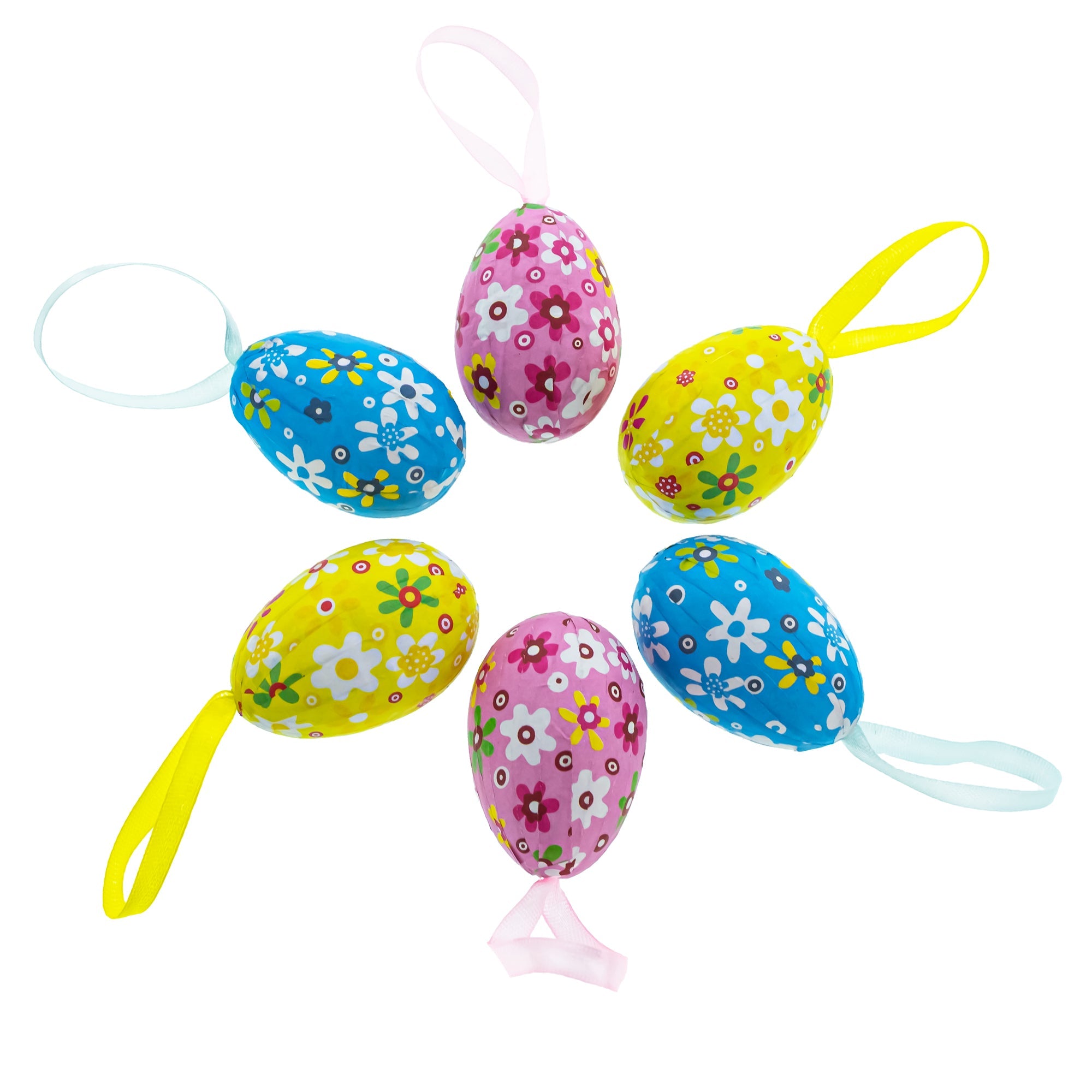 Artistic Charm: Set Of 6 Paper Mache Egg Ornaments In Basket