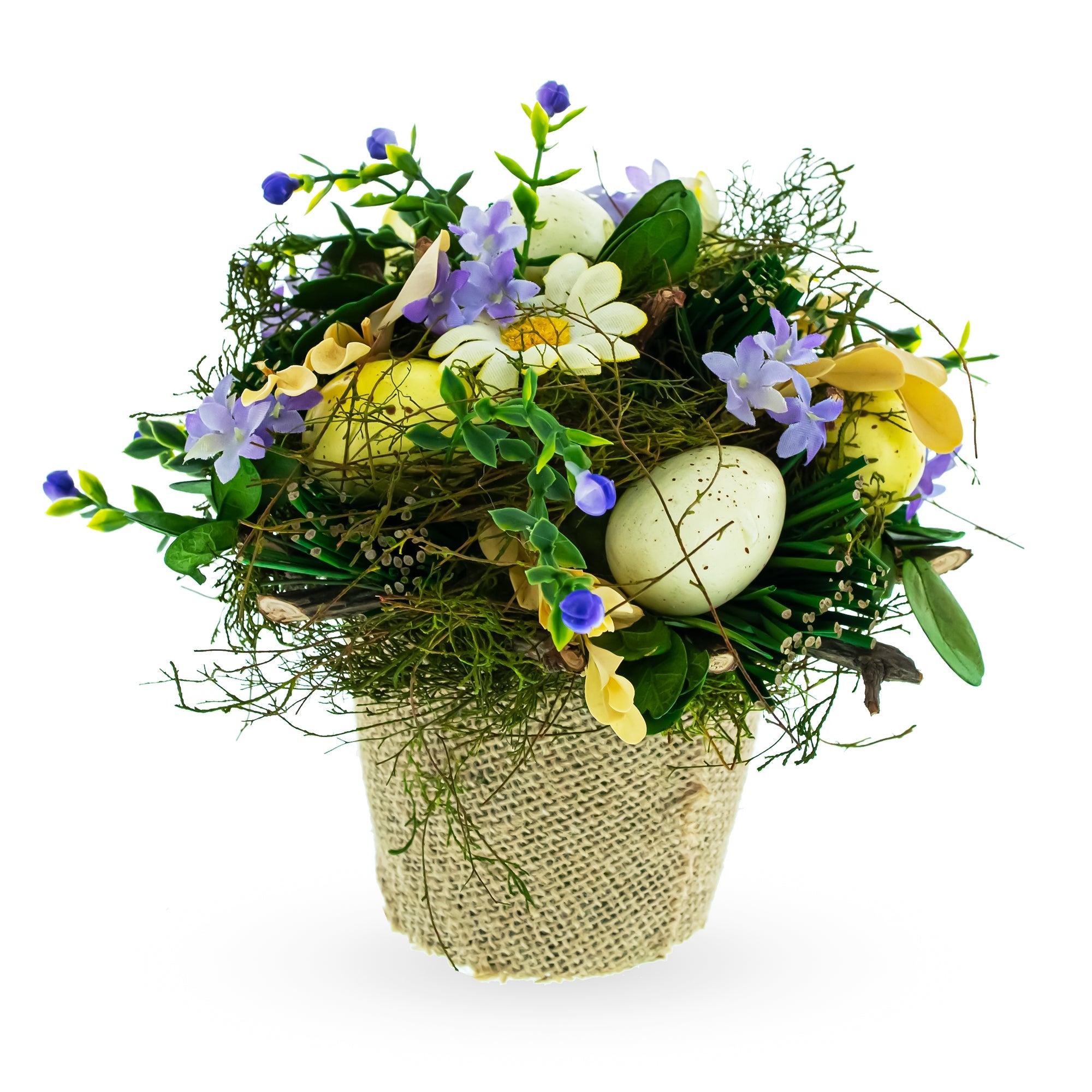 Blossoming Easter Elegance: Floral Pot Adorned With Delightful Eggs