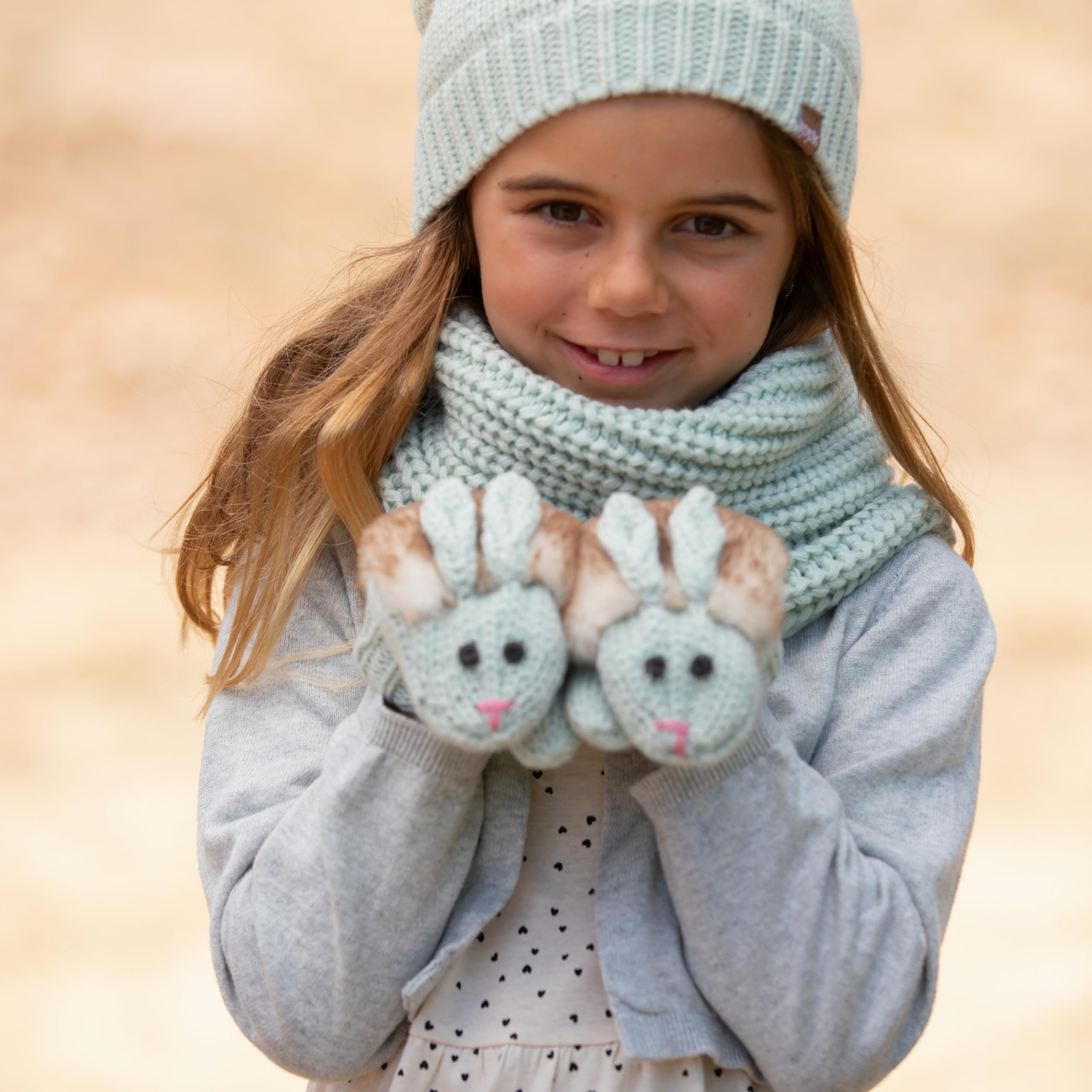 Warm Knit Winter Mittens For Girls Ages 3-12 Years, Double-layered, Fun Bunny Rabbit Design For Children, Toddler To Big Kids