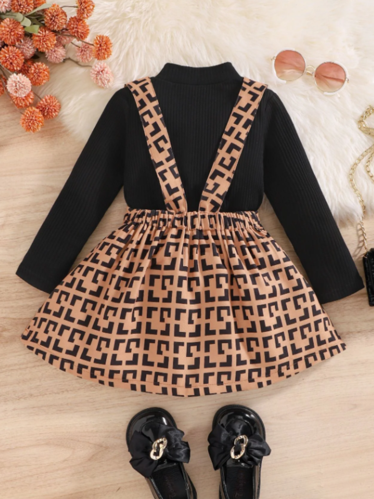 Elegant Girls Dress Set With Patterned Skirt And Long-sleeve Top