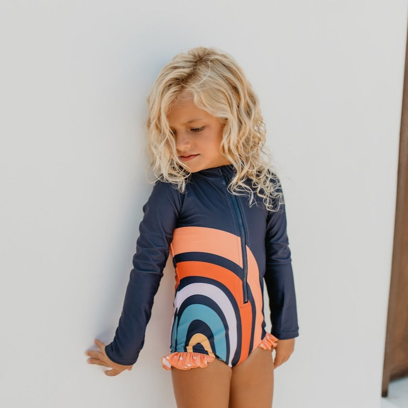 Mia Rainbow Navy Zip Rash Guard Swimsuit