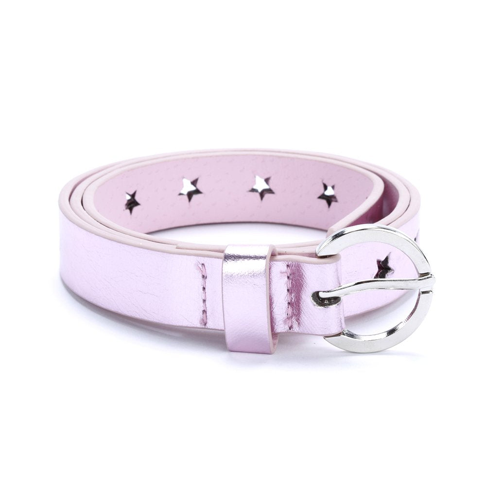 Shiny Pink Metallic Perforated Stars Girls Belt - For Kids Size 4-14 Years, Stylish And Fun