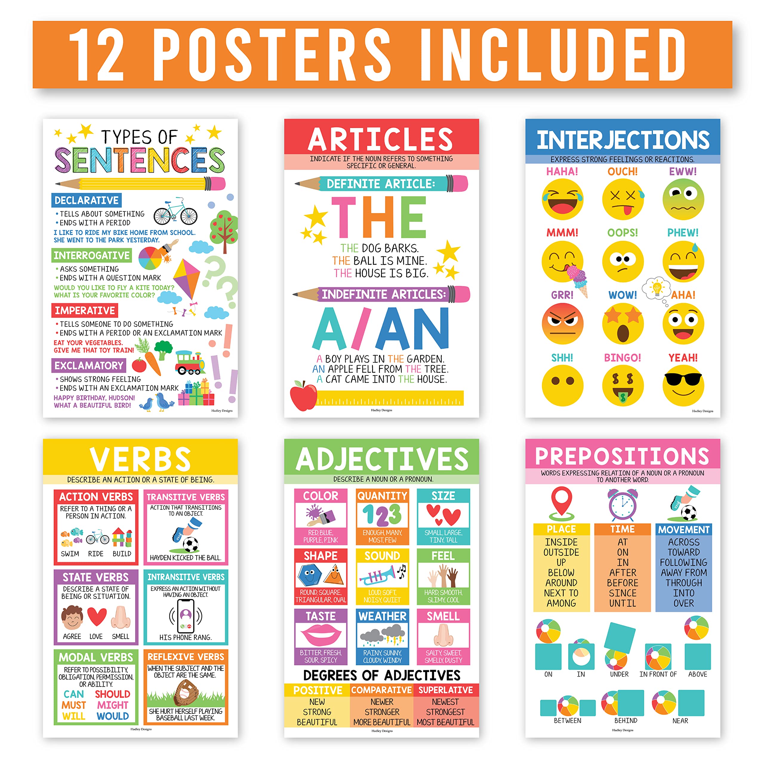 Parts Of Speech Kit: Colorful 12 Poster Pack