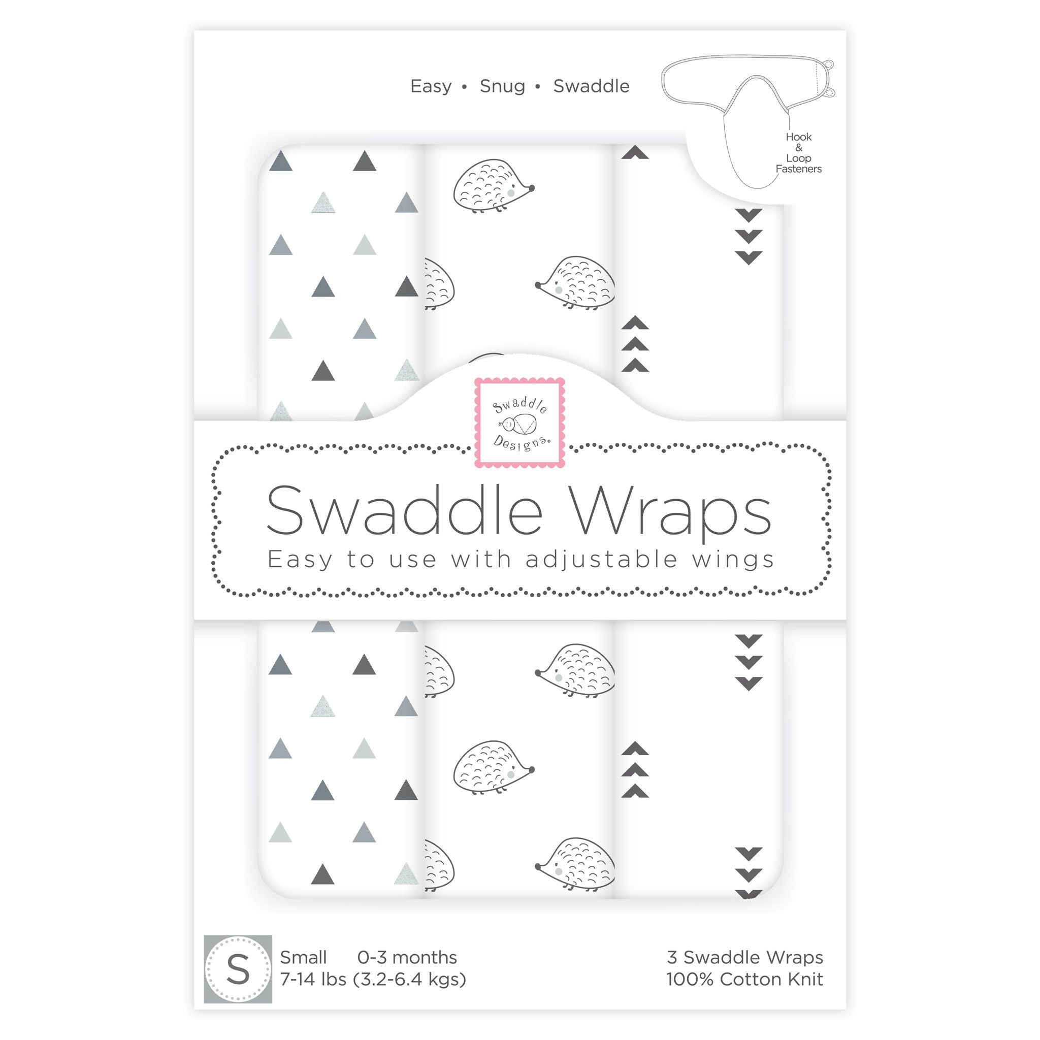 3 Swaddle Wraps - Tiny Arrows, Tiny Hedgehogs, Tiny Triangles, Grays With Touch Of Silver Shimmer