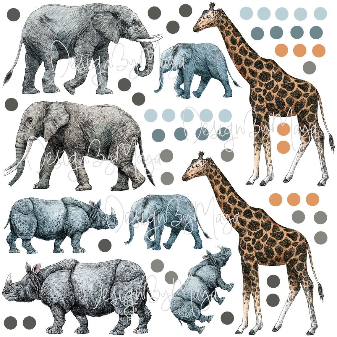 Animated Safari Animals, Jungle Creatures - Fabric Nursery Wall Art Decals