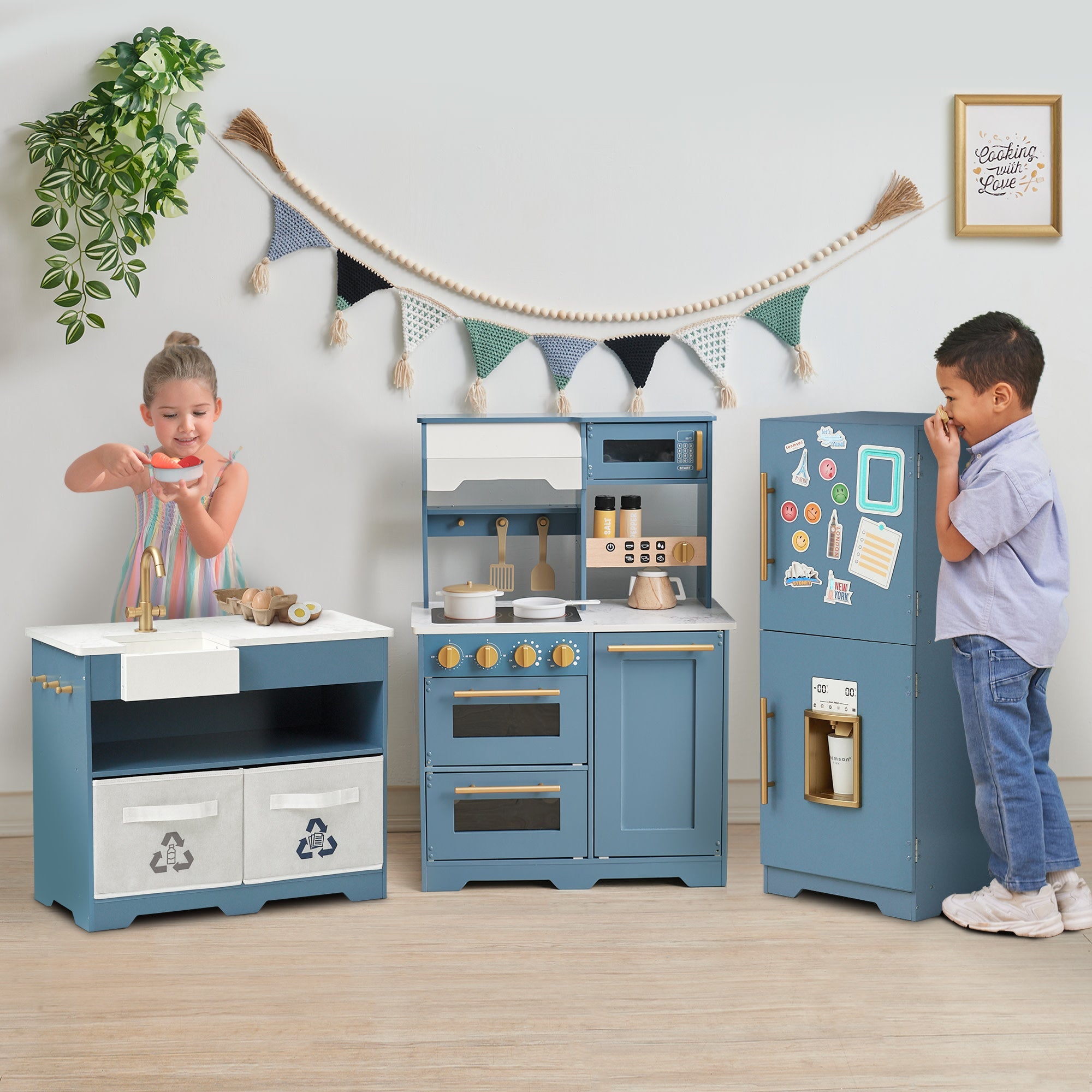 Teamson Kids - Little Chef Atlanta Large Modular Play Kitchen, Stone Blue/gold