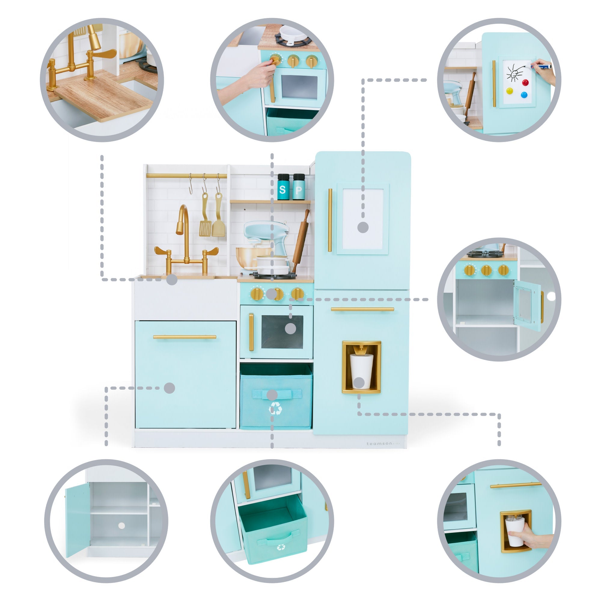 Biscay Delight Classic Play Kitchen With Magnetic Refrigerator And Accessories, Mint