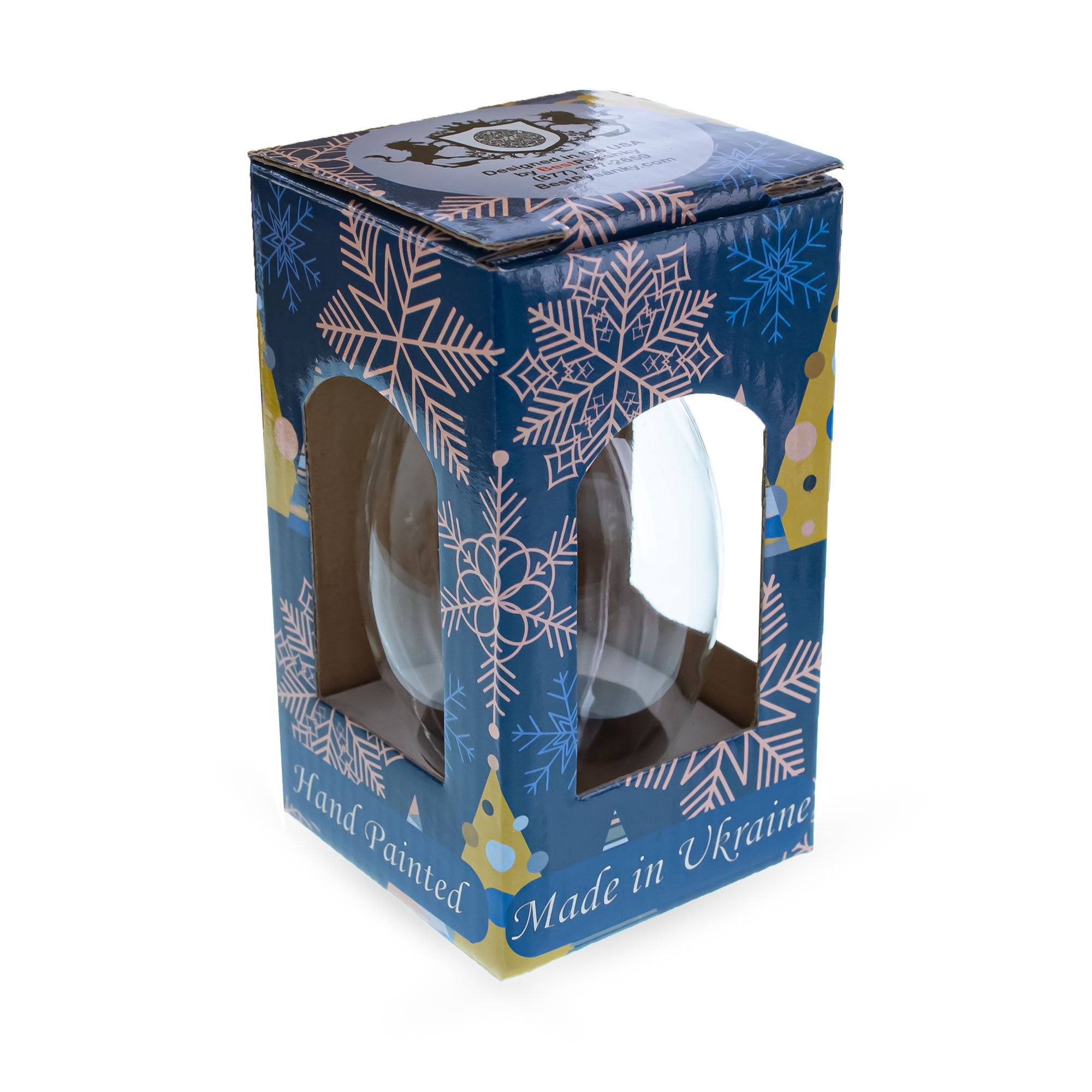 Golden Snowflake On Blue Glass Egg Ornament 4 Inches