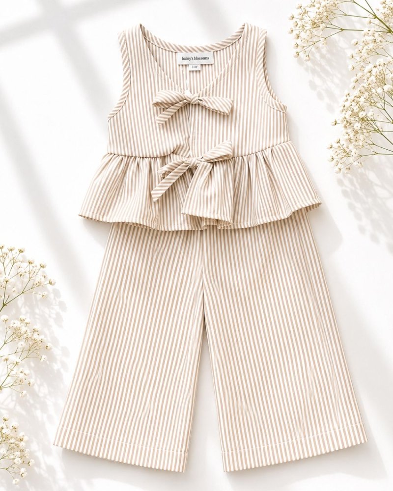 Elowen Tie Front Two-piece Set - Oat Milk Pinstripe