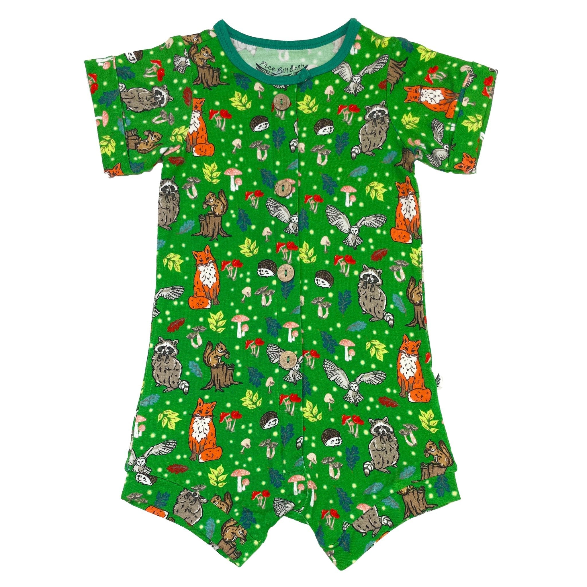 Enchanted Forest Woodland Animals Short Two-way Zippy Romper With Faux Buttons (0-24m)