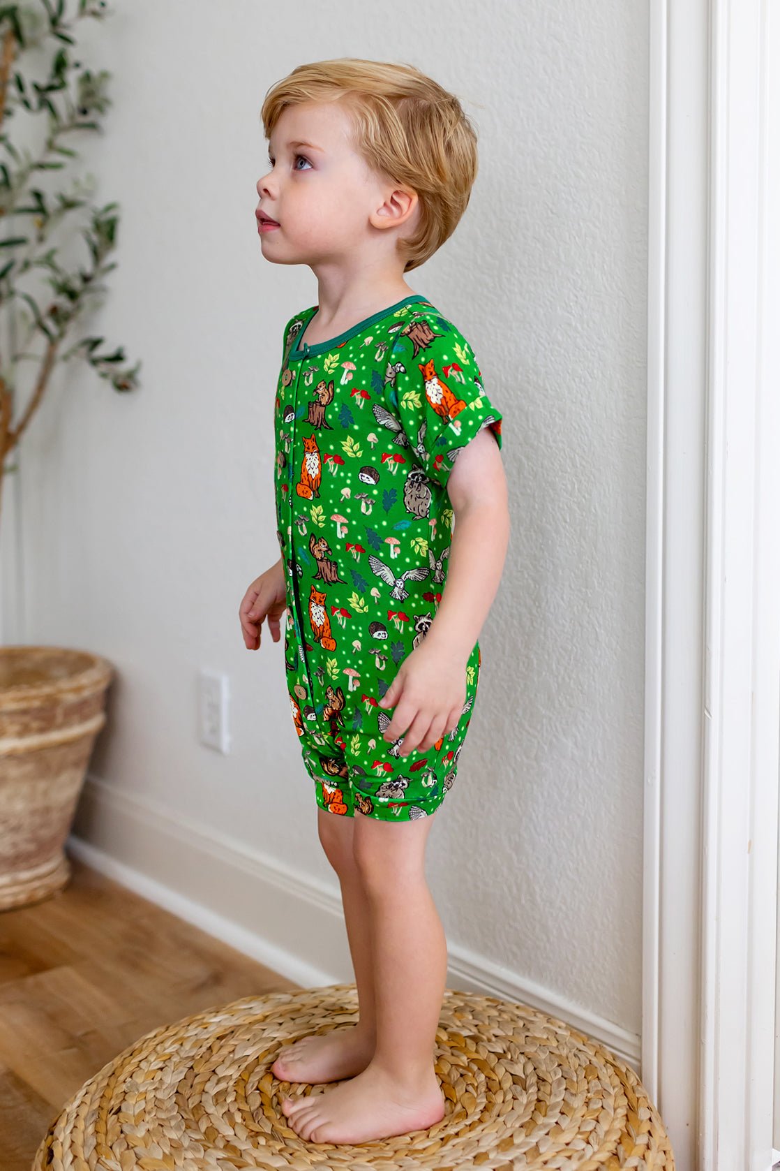 Enchanted Forest Woodland Animals Short Two-way Zippy Romper With Faux Buttons (0-24m)