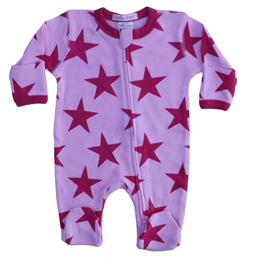 Baby Zipper Footie - Large Pink Stars