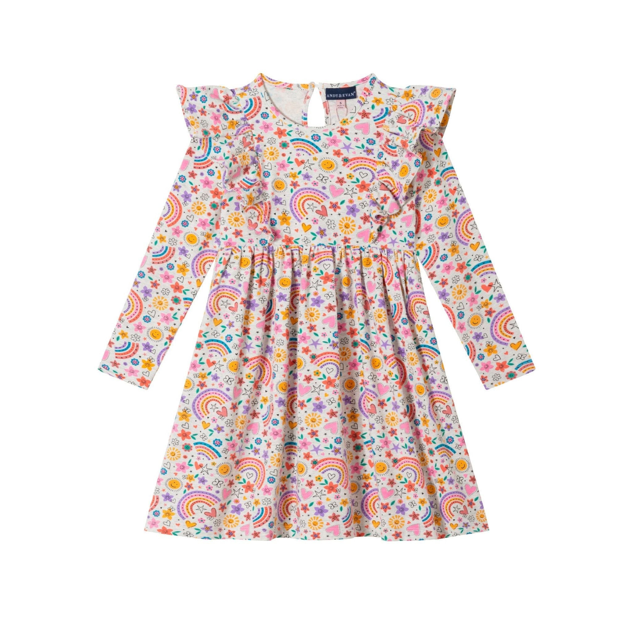 Kids Oatmeal Heather Printed Jersey Dress | Rainbow Flowers