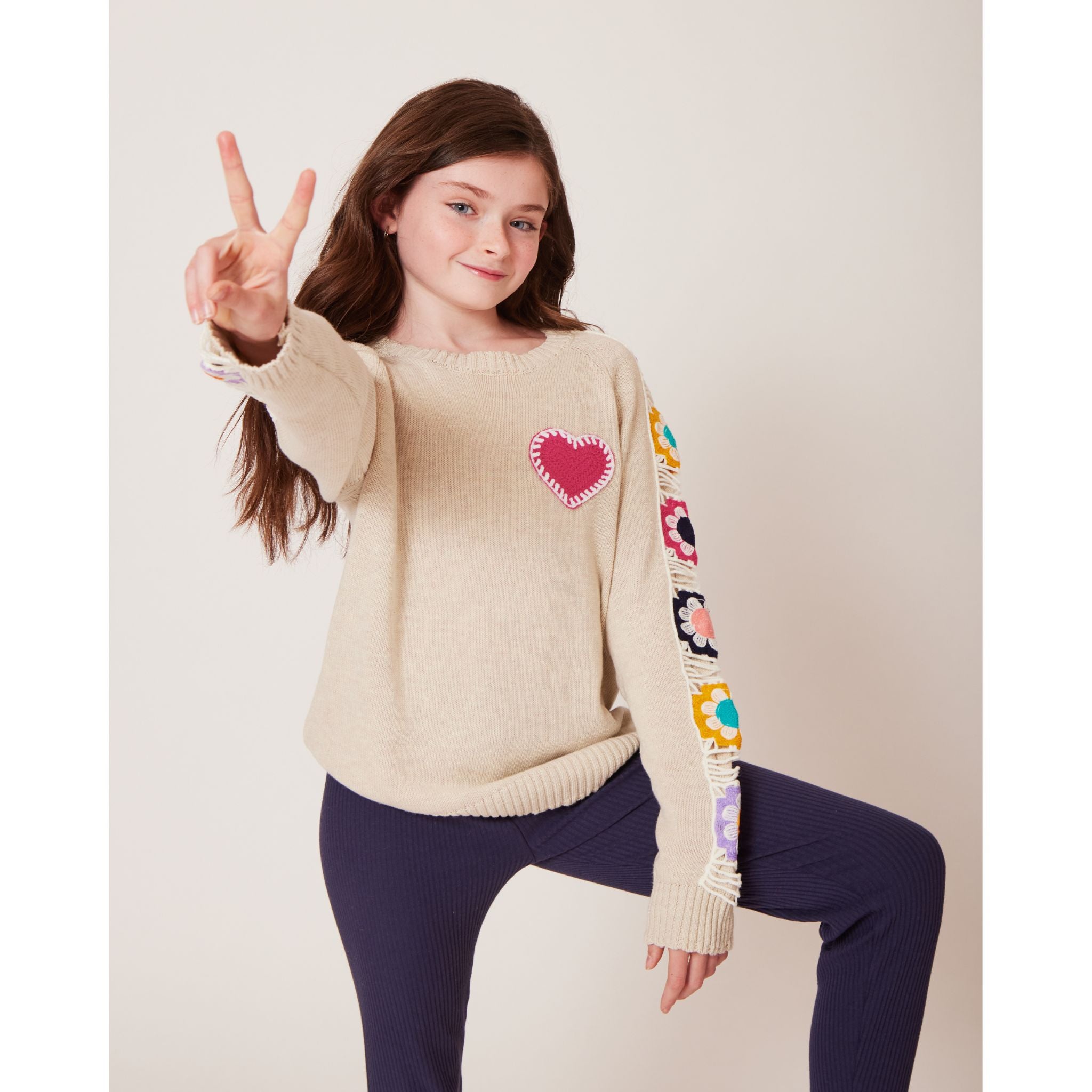 Kids Crochet Tunic Sweater & Jegging Set | Heart & Flowers