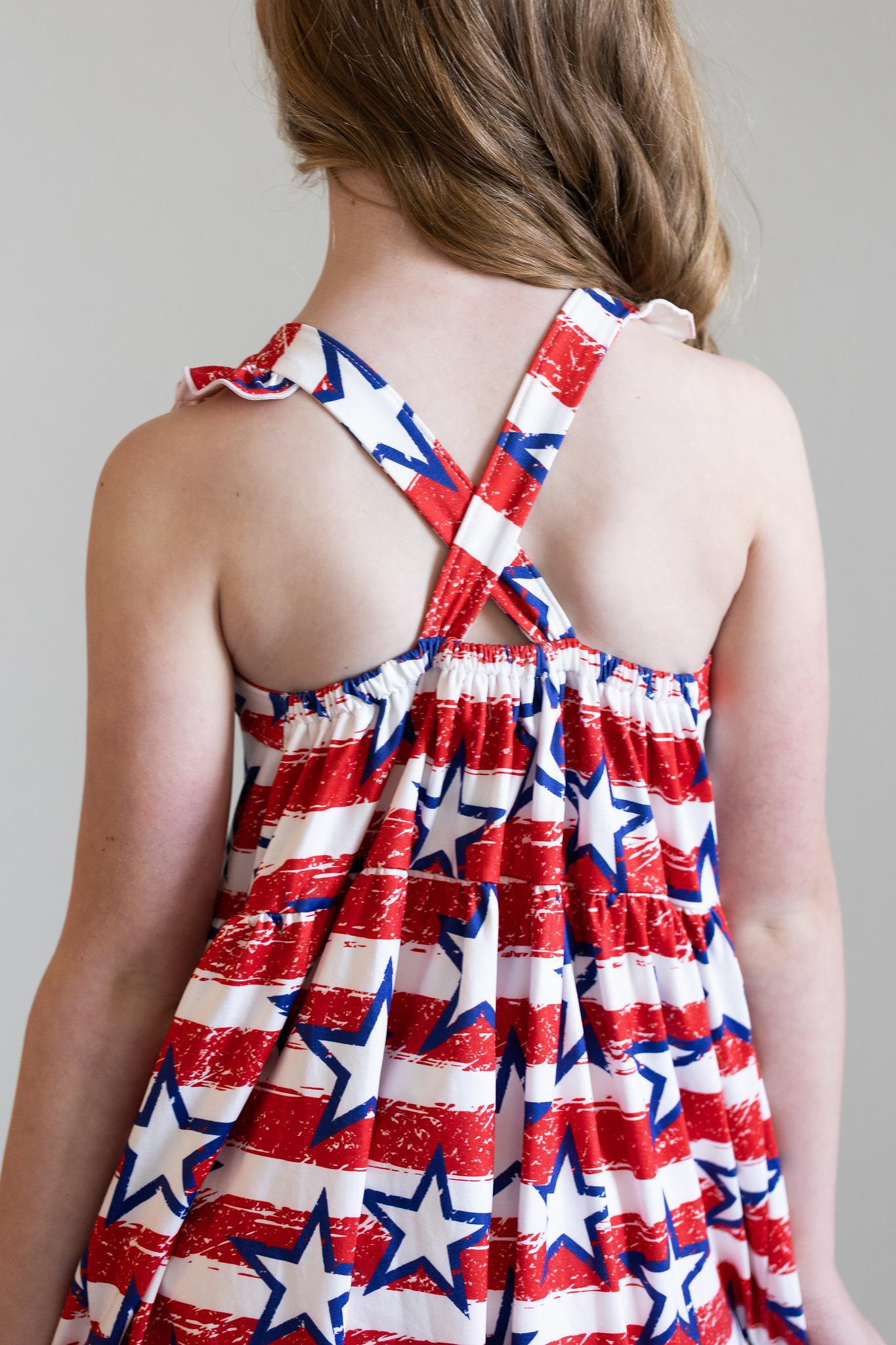 Stars & Stripes Ruffle Cross Back Dress