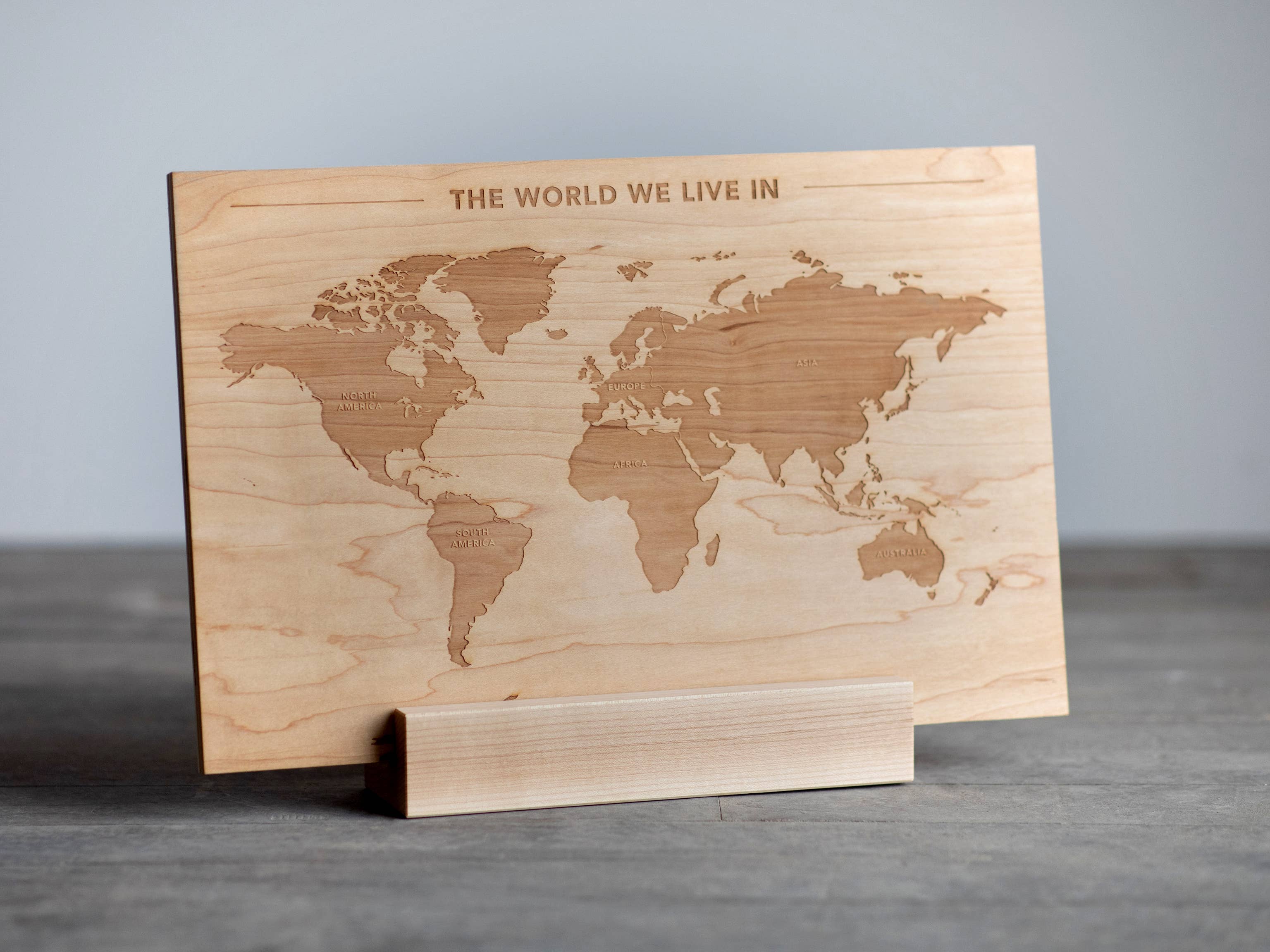 Wooden World Map Engraved On Wood With World's Continents